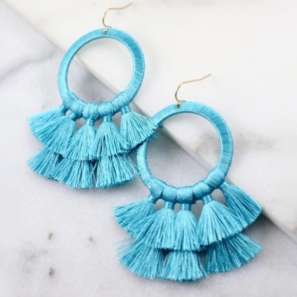Turquoise Thread Wrapped Round Earring w/ Tassels - Picture 2 of 4